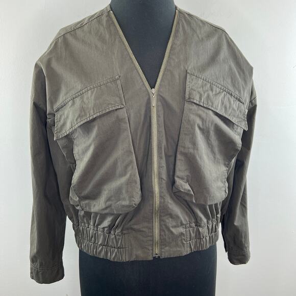 Urban Research Doors Dark Green Bomber Jacket Full Zip Cropped Pockets Size 1 S - Picture 3 of 15